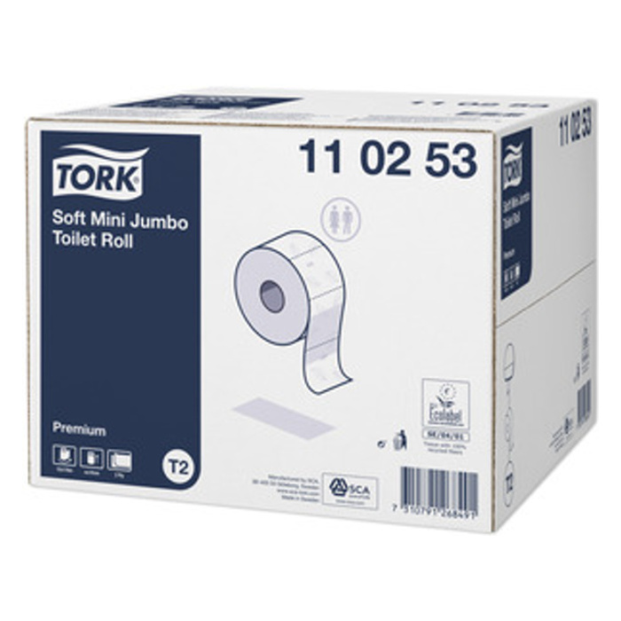 Tork Mini Jumbo toaletný papier v kotúči, Premium, jemný,  biely, 2 vrstvy, dĺžka 170m, 12 ks v kartóne