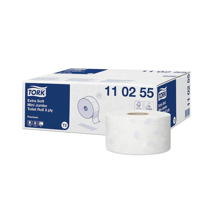 Tork Mini Jumbo toaletný papier v kotúči, Premium, extra jemný, biely, 3 vrstvy, dĺžka 120m, 12 ks v kartóne