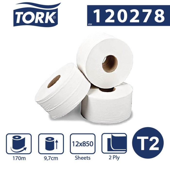 Tork Mini Jumbo toaletný papier v kotúči, Advanced, biely, 2 vrstvy, dĺžka 170m, 12 ks v kartóne