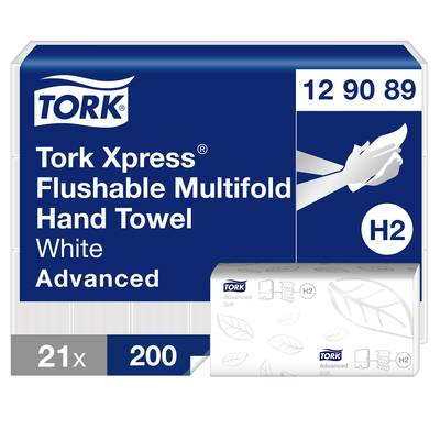 Tork skladané papierové utierky Interfold/Multifold, Advanced, splachovateľné, biele, 2 vrstvy, 4200 ks v kartóne, 21 balíkov po 200 ks